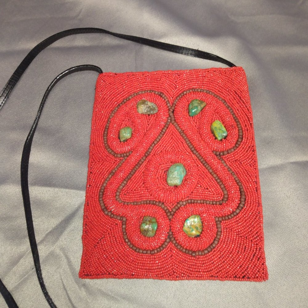 ❤️BARSE Red Micro Bead Brown Beads and Turquoise Crossbody Bag Purse 8X6.5